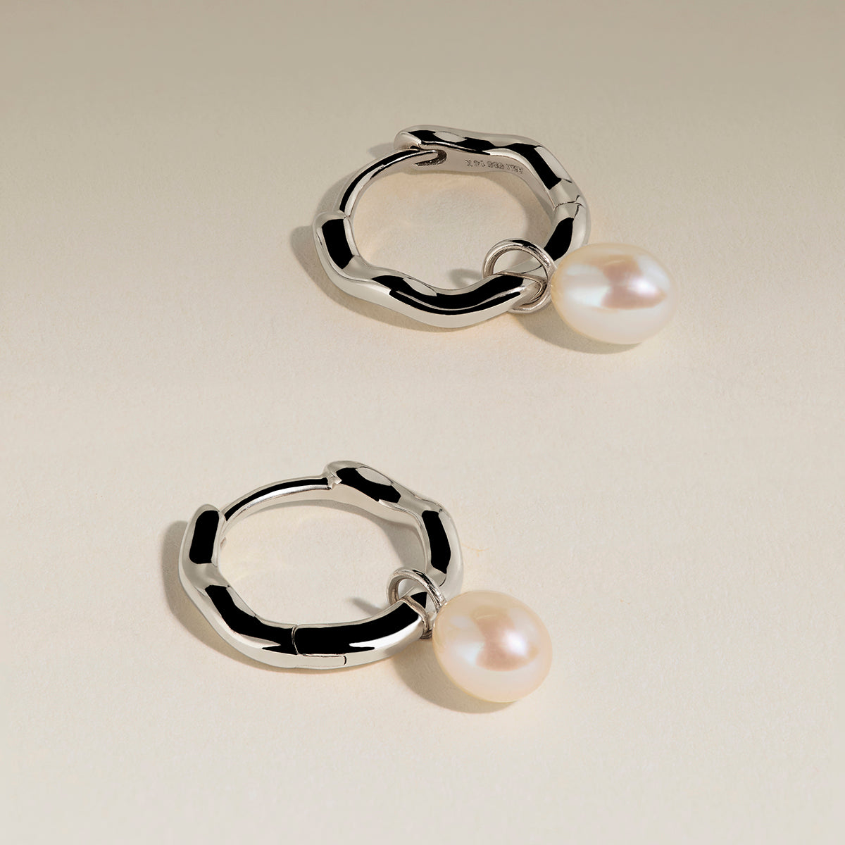 Scalloped Pearl Charm Huggies in Solid White Gold-Astrid & Miyu