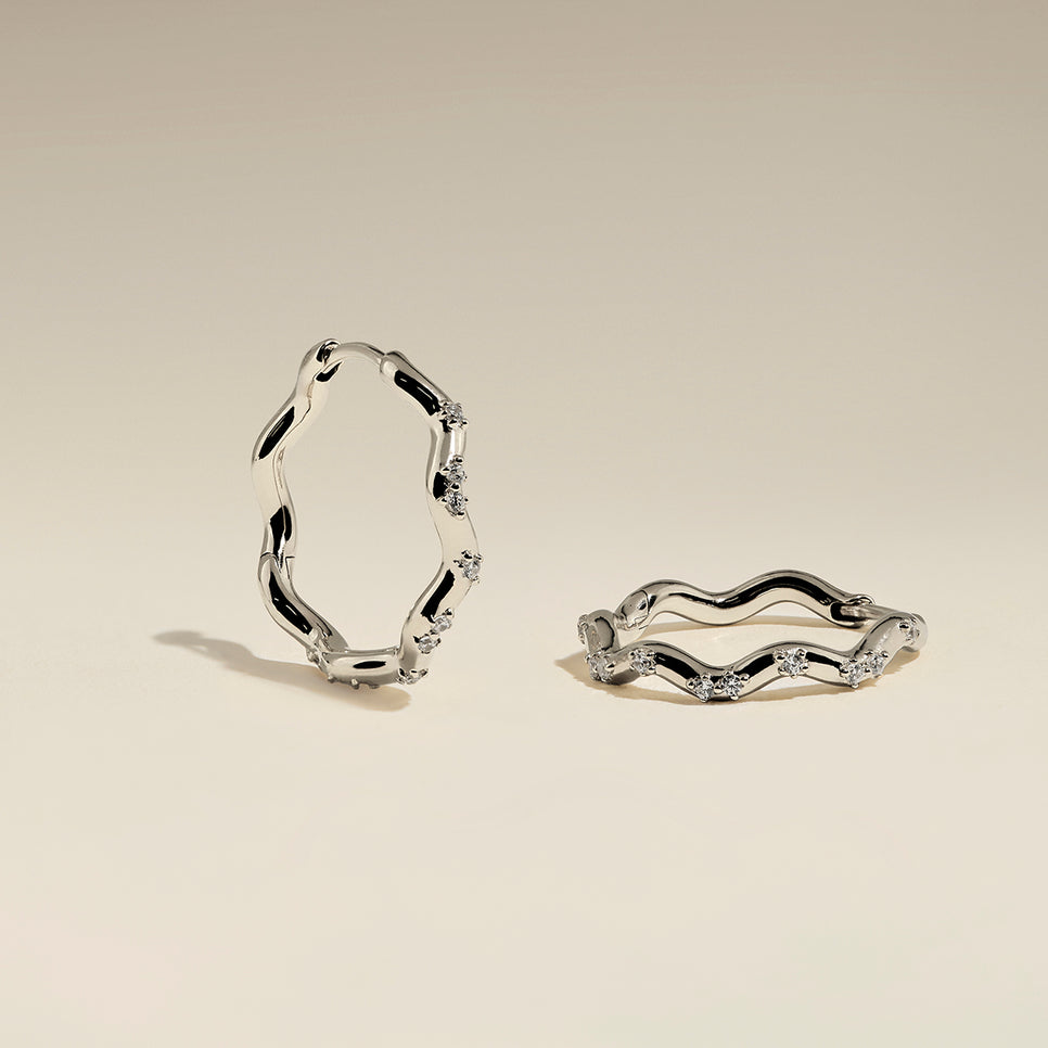 Scalloped Crystal Medium Hoops in Silver-Astrid & Miyu