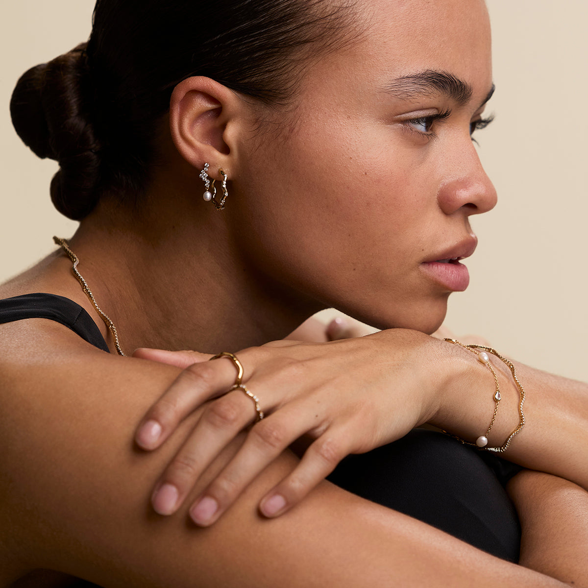 Scalloped Crystal Charm Studs in Gold-Astrid & Miyu