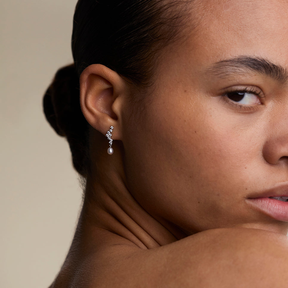 Scalloped Crystal Charm Studs in Silver-Astrid & Miyu