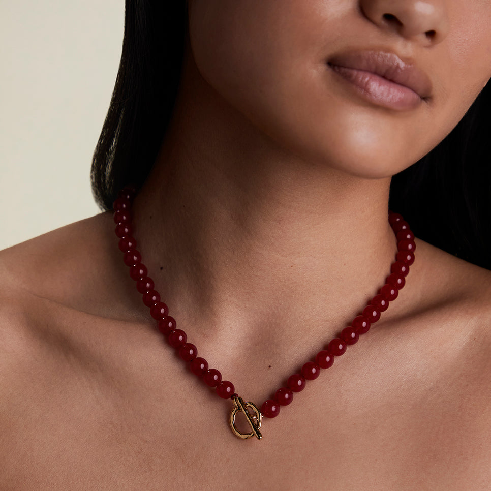 Sunset Red Beaded Necklace in Gold-Astrid & Miyu