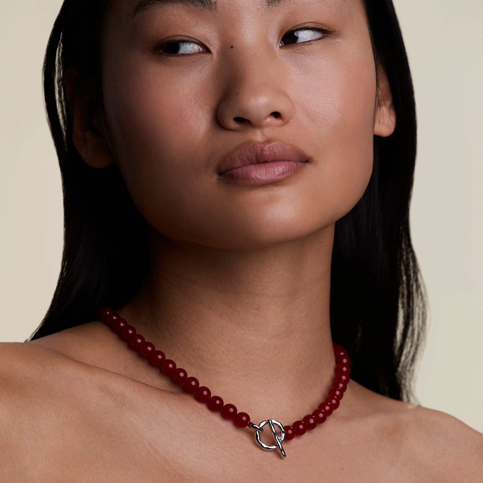 Sunset Red Beaded Necklace in Silver-Astrid & Miyu