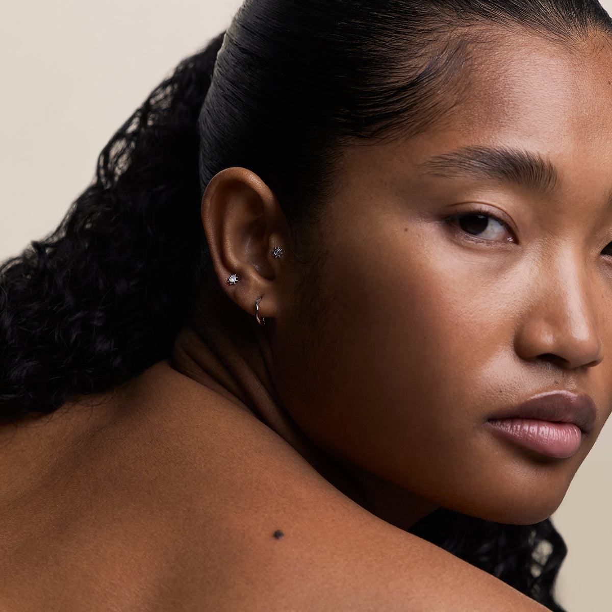 Moonstone Beaded Piercing Stud in Solid White Gold-Astrid & Miyu