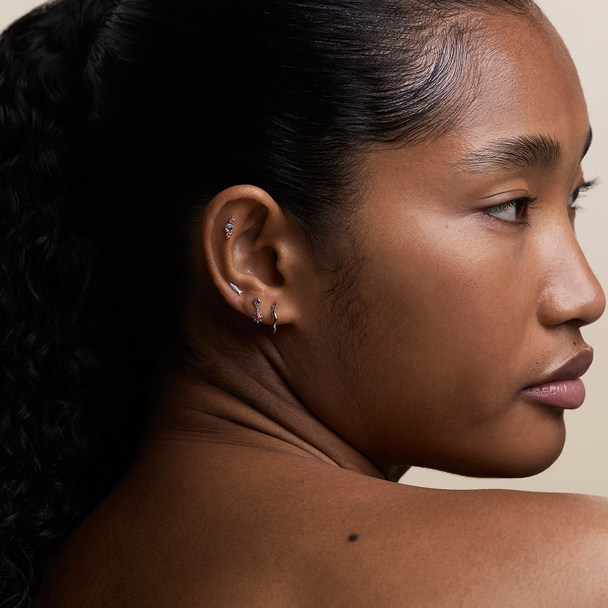 Pink Sapphire Beaded Charm Piercing Stud in Solid White Gold-Astrid & Miyu