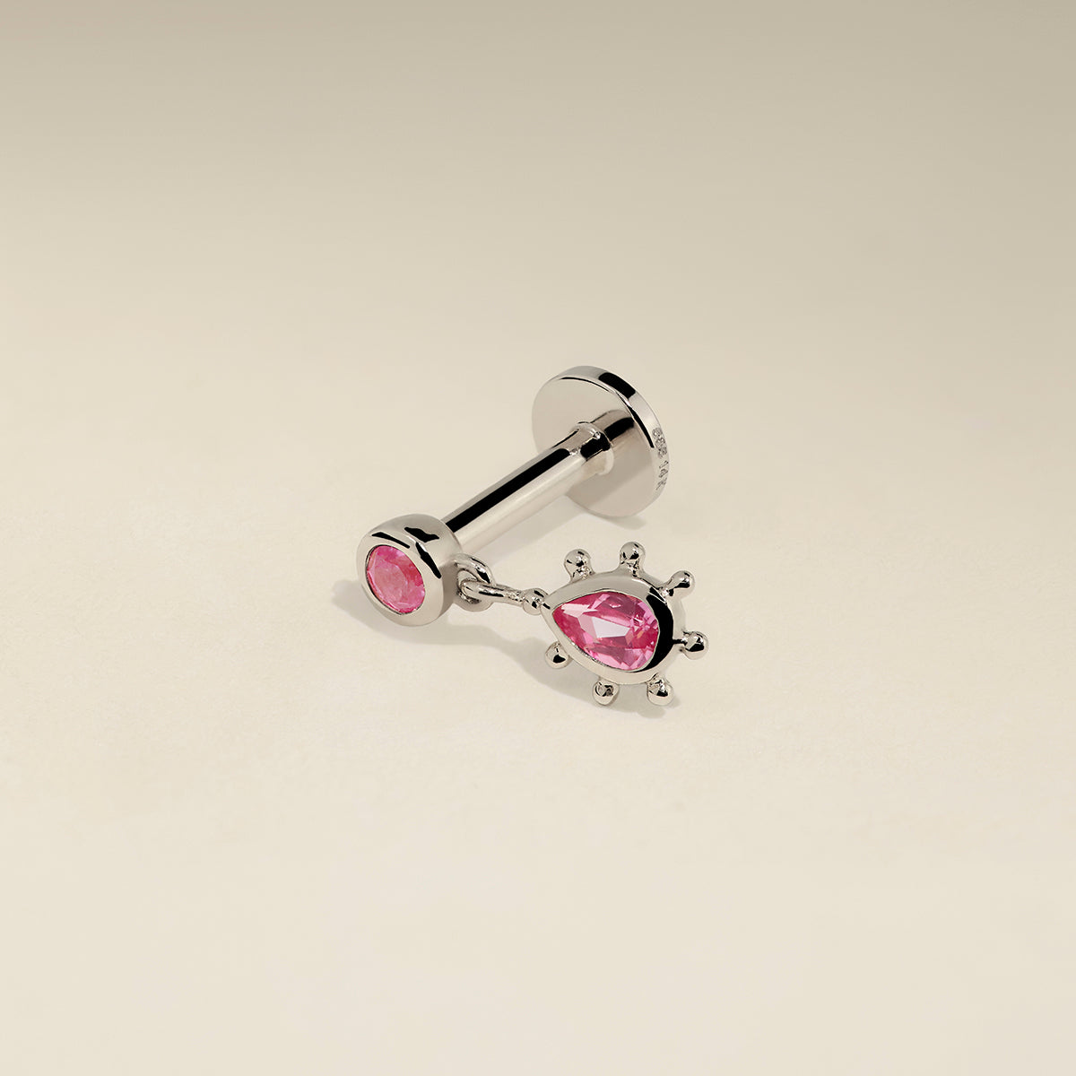 Pink Sapphire Beaded Charm Piercing Stud in Solid White Gold-Astrid & Miyu