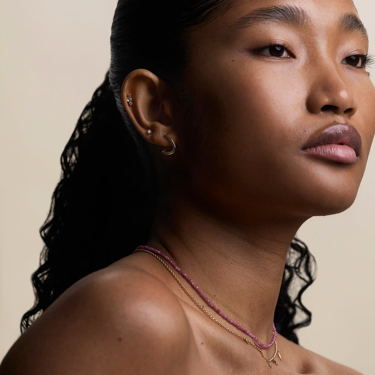 Moonstone & Padparadscha Cluster Piercing Stud in Solid Gold-Astrid & Miyu