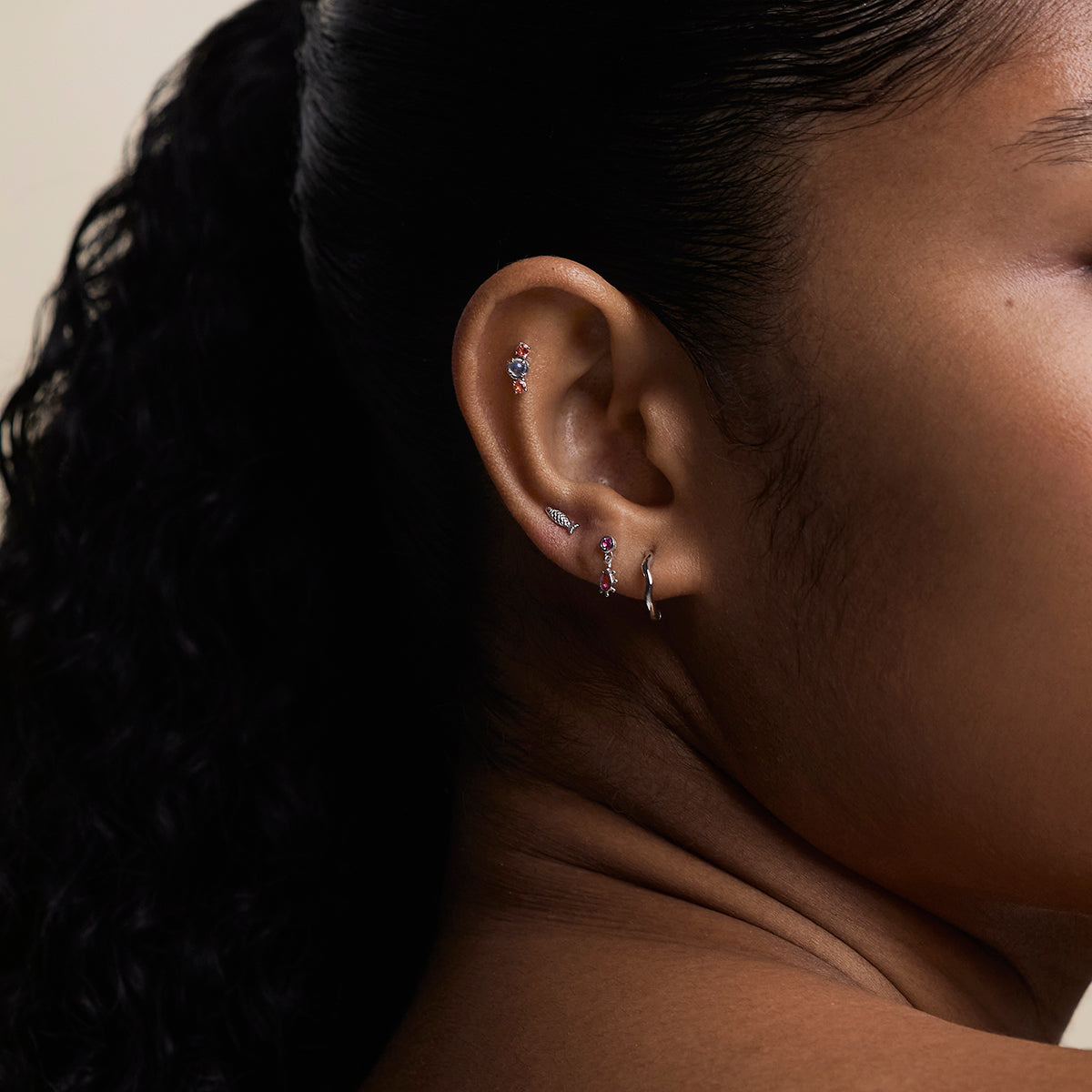 Moonstone & Padparadscha Cluster Piercing Stud in Solid White Gold-Astrid & Miyu