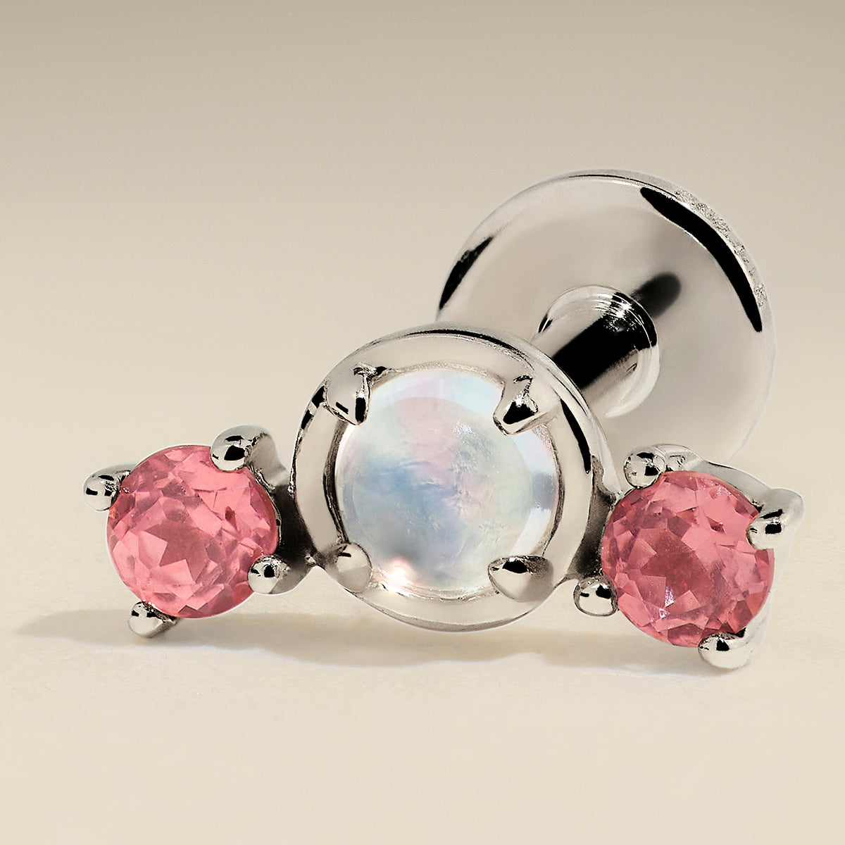 Moonstone & Padparadscha Cluster Piercing Stud in Solid White Gold-Astrid & Miyu