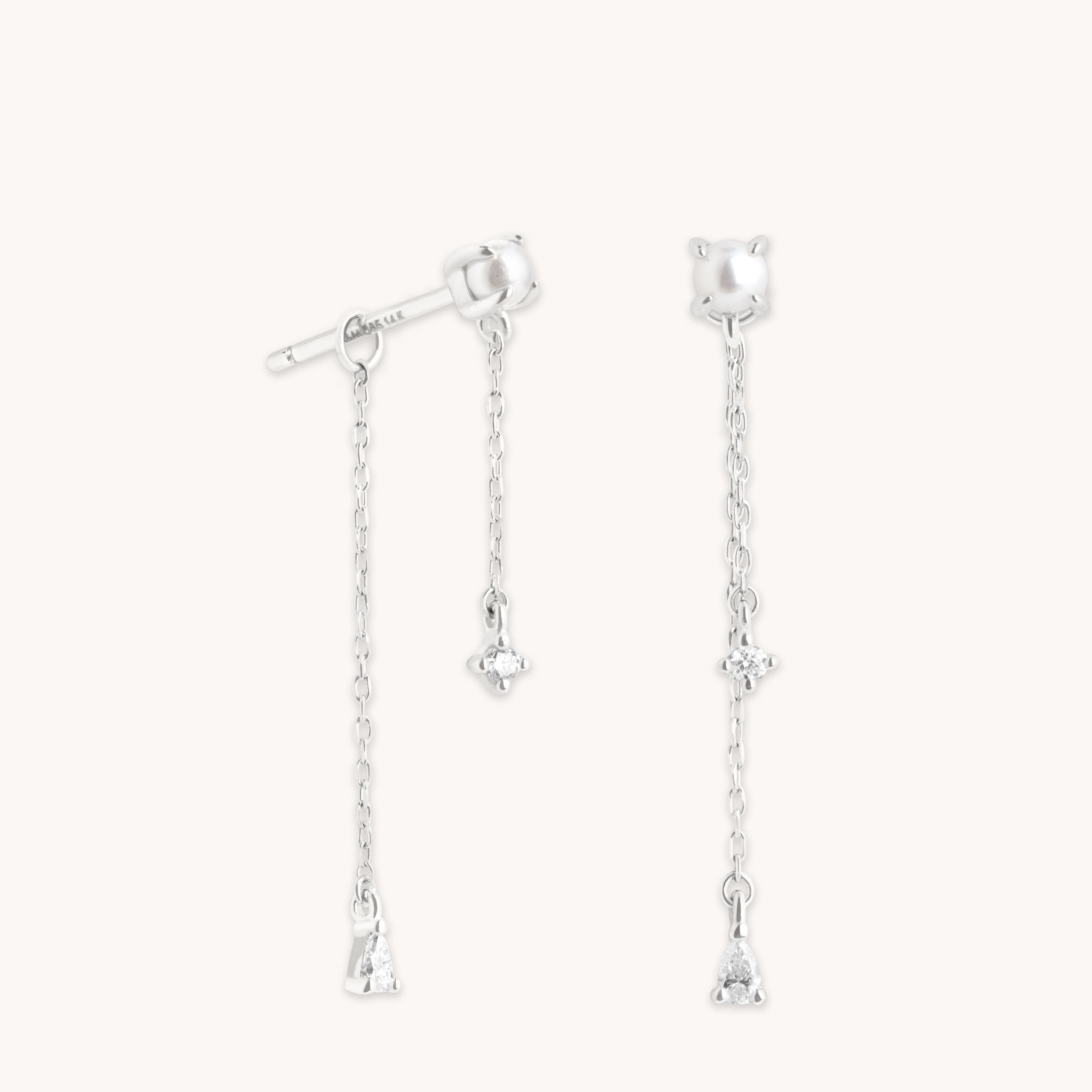 Diamond & Pearl Chain Studs in Solid White Gold-Astrid & Miyu