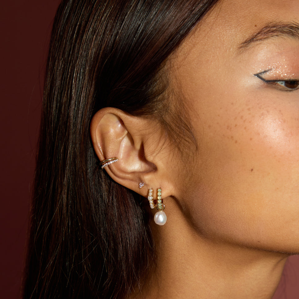 18k Gold Plated Jewellery - Aqua & Pearl Charm Huggies in Gold - Huggies - Astrid & Miyu