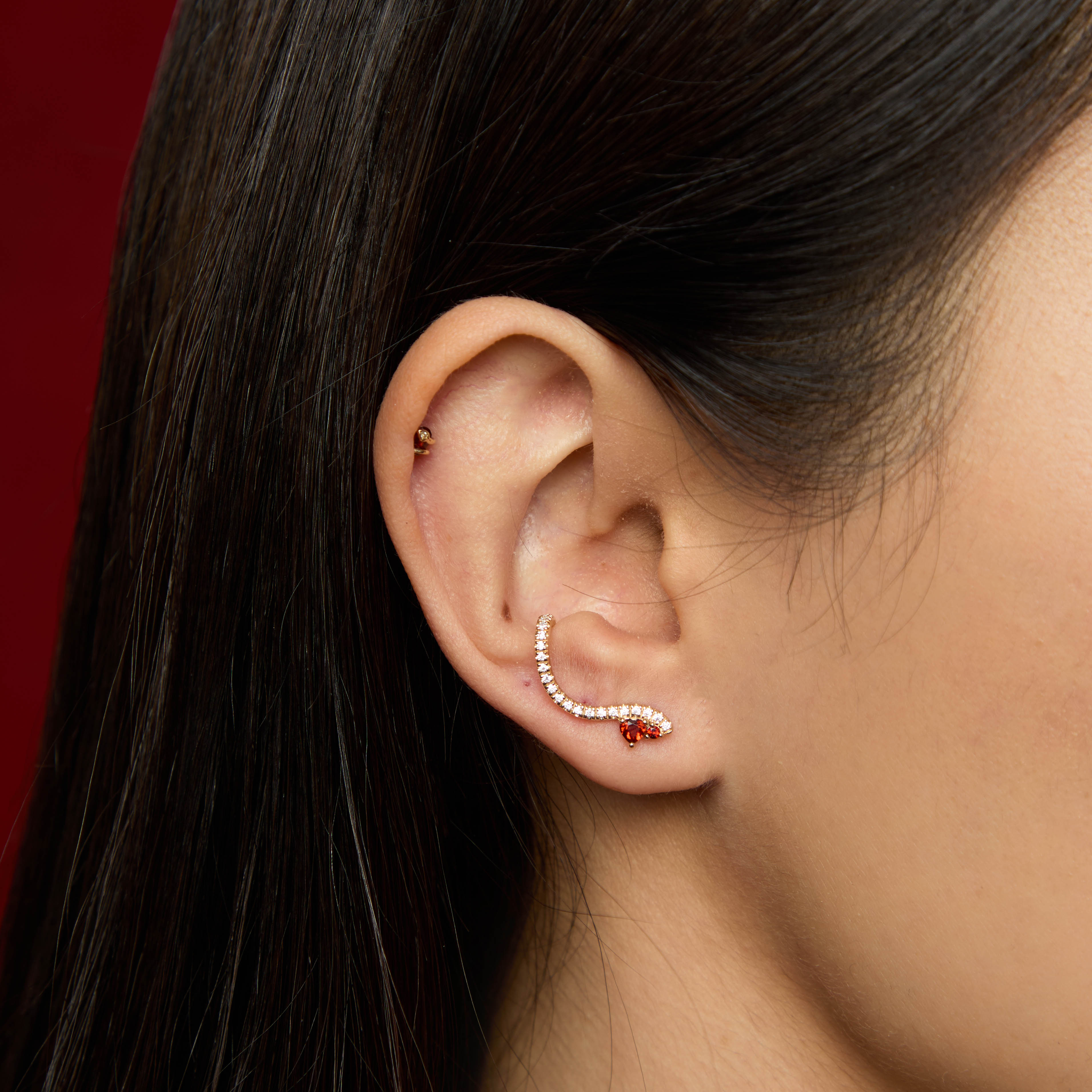 18k Gold Plated Jewellery - Garnet Serpent Climber Studs in Gold - Stud Earrings - Astrid & Miyu