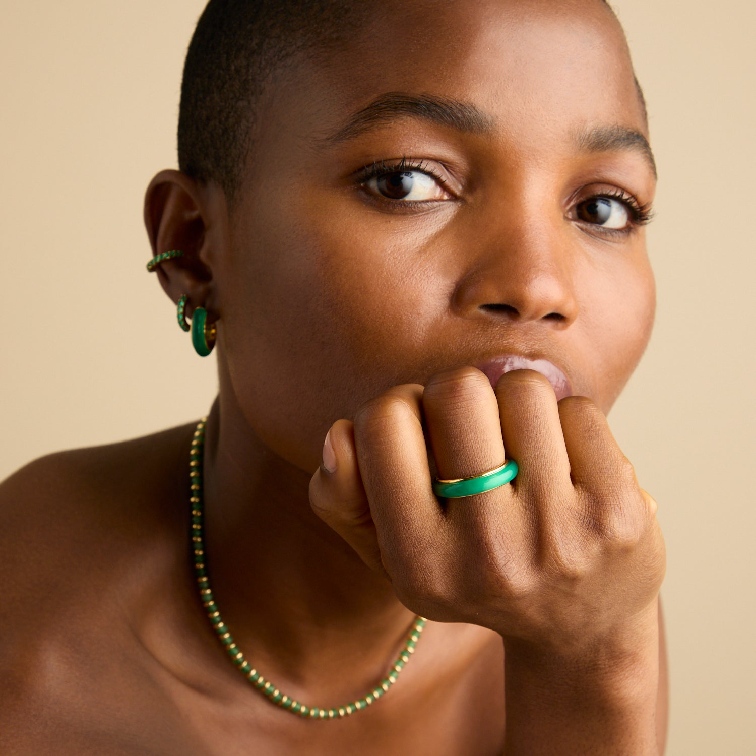 18k Gold Plated Jewellery - Green Onyx Carved Stone Ring in Gold - Stone Rings - Astrid & Miyu