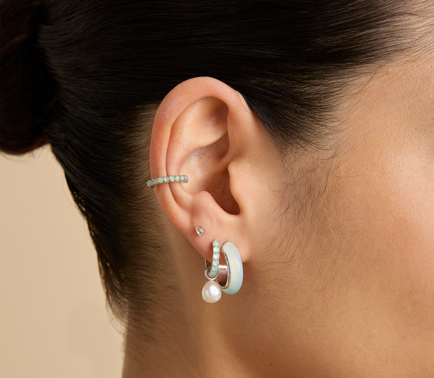 Dolce Collection - Aqua & Pearl Charm Huggies in Silver - Huggies - Astrid & Miyu