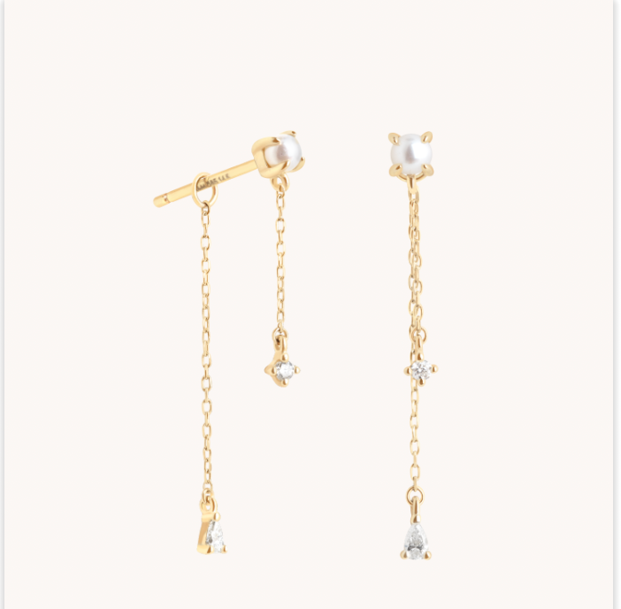 Diamond & Pearl Chain Studs in Solid Gold-Astrid & Miyu