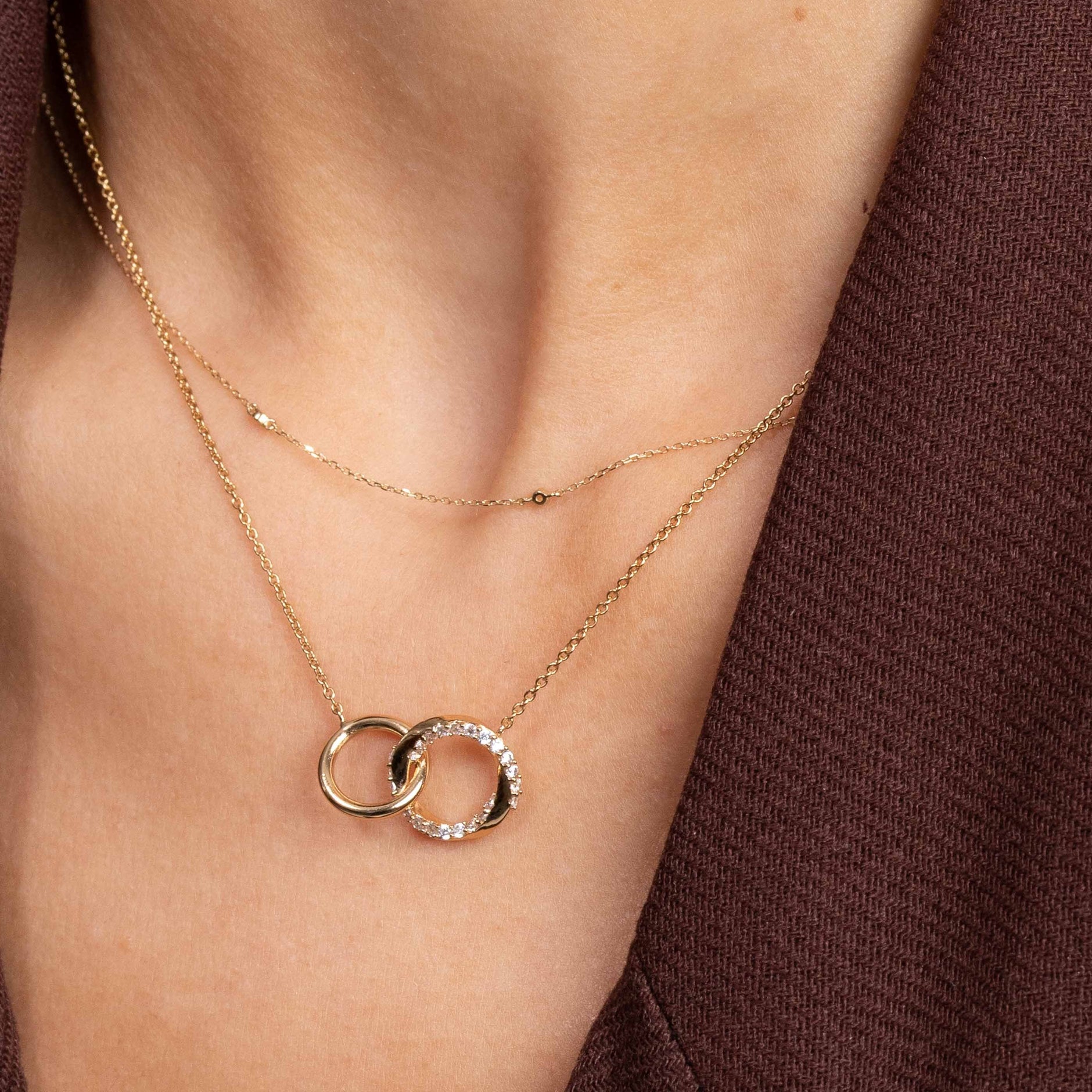 Topaz Charm Necklace in Solid Gold worn layered with Orbit Crystal Necklace in Gold