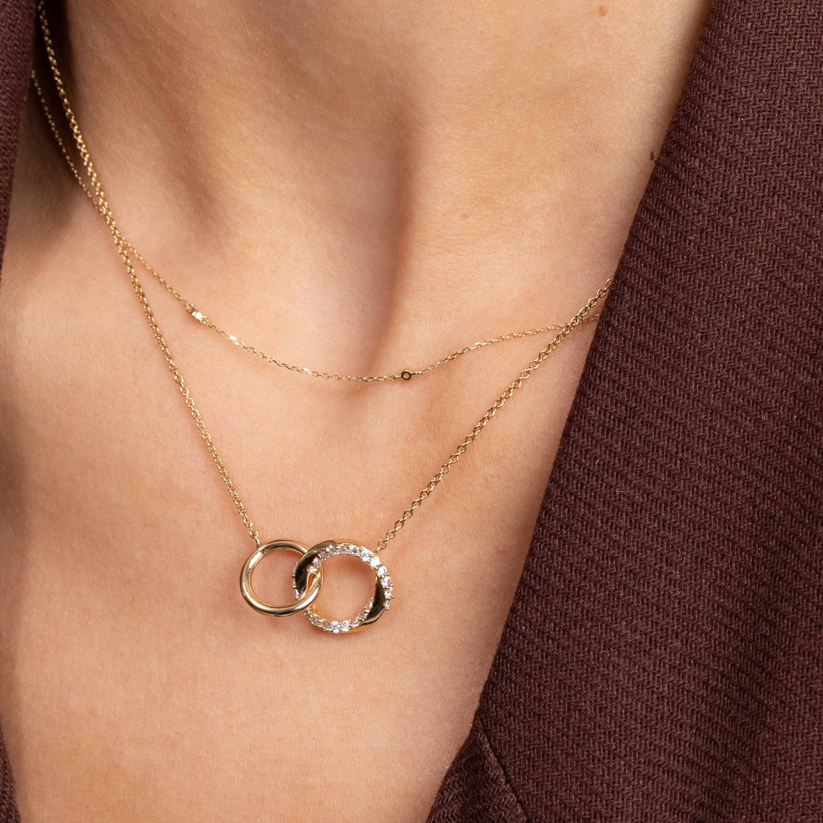 Topaz Charm Necklace in Solid Gold worn layered with Orbit Crystal Necklace in Gold