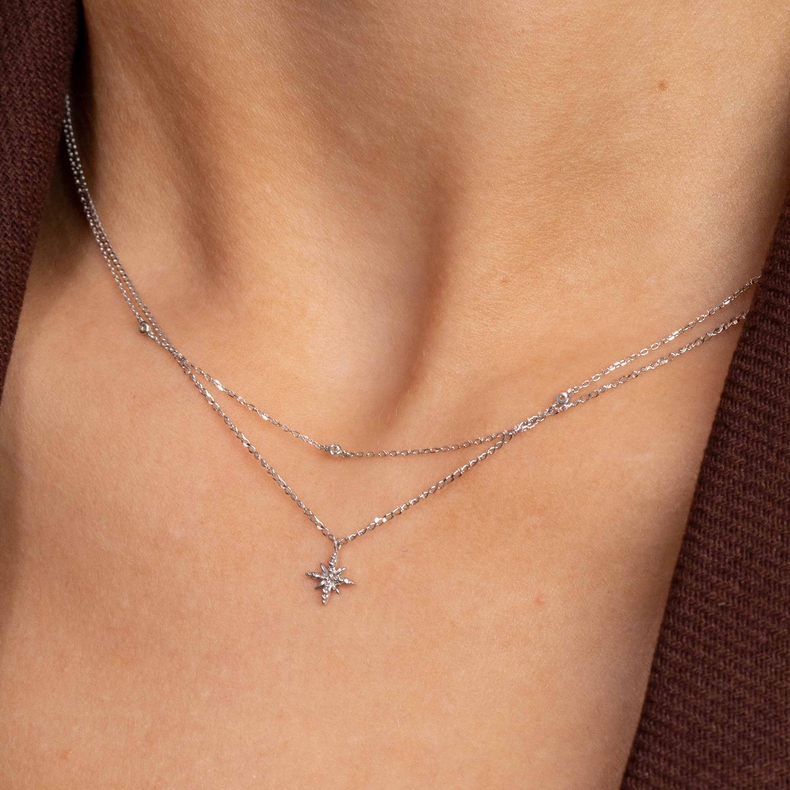 Topaz Charm Necklace in Solid White Gold worn with another necklace