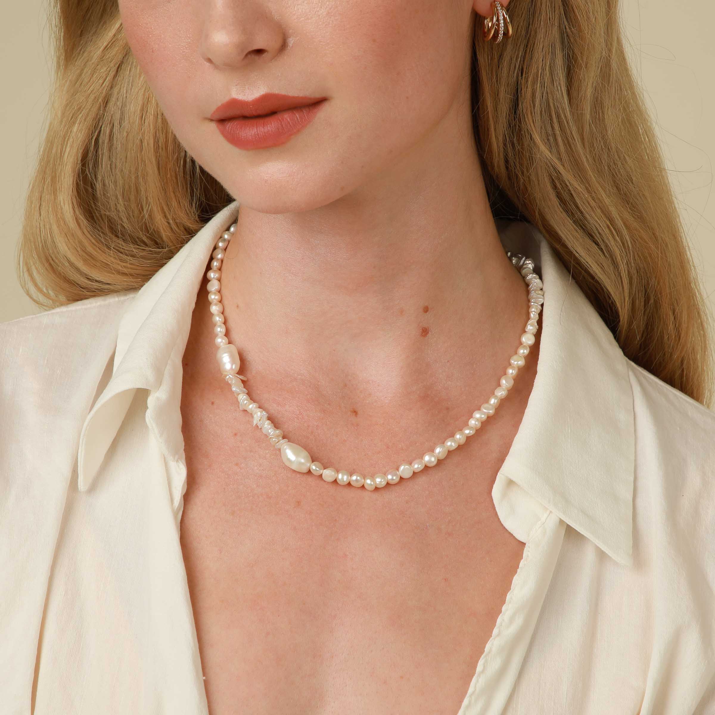 Serenity Pearl Beaded T-Bar Necklace in Gold worn