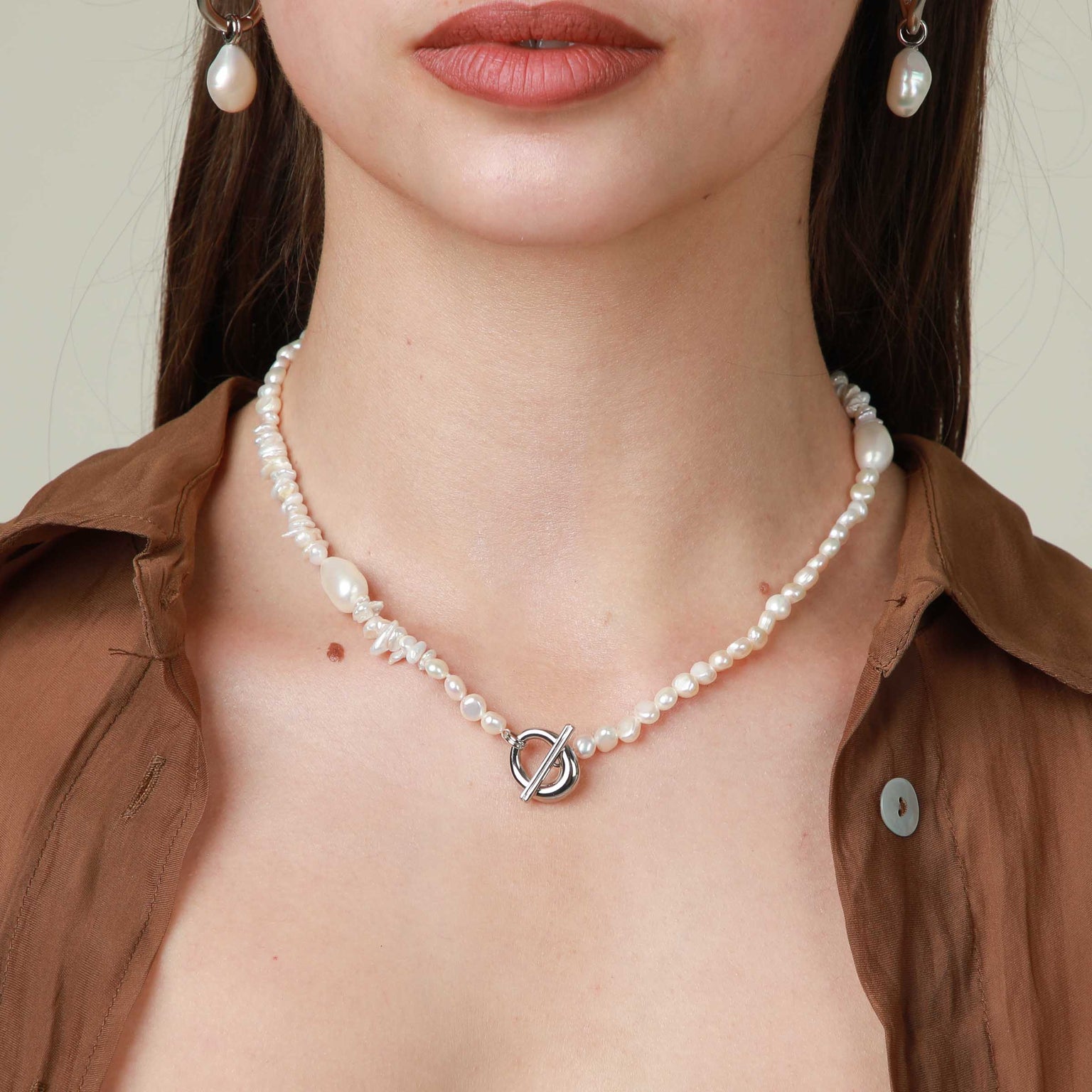 Pearl Beaded T-Bar Necklace in Silver worn