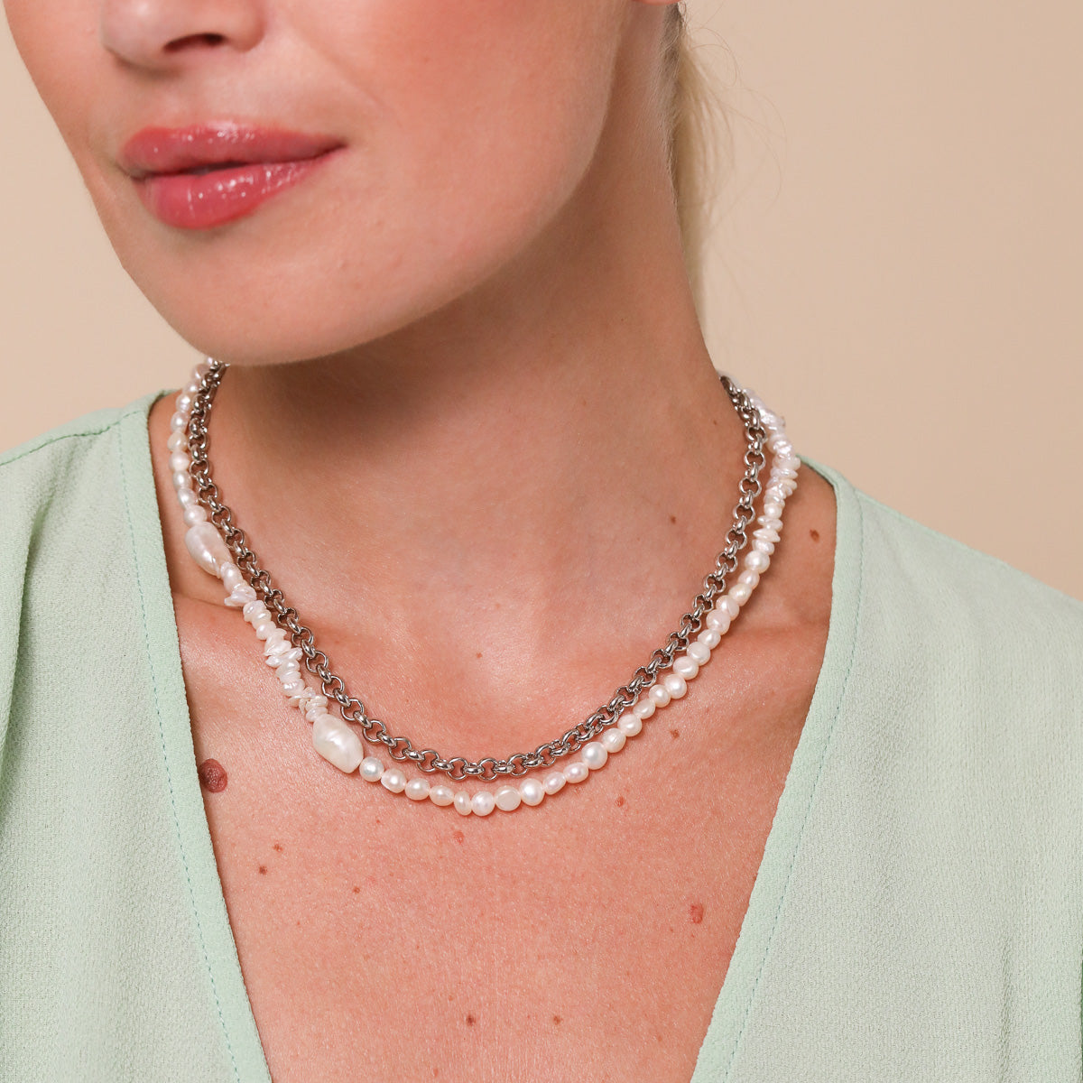 Rolo Chain Necklace in Silver worn layer with Serenity Pearl Beaded Necklace in Silver