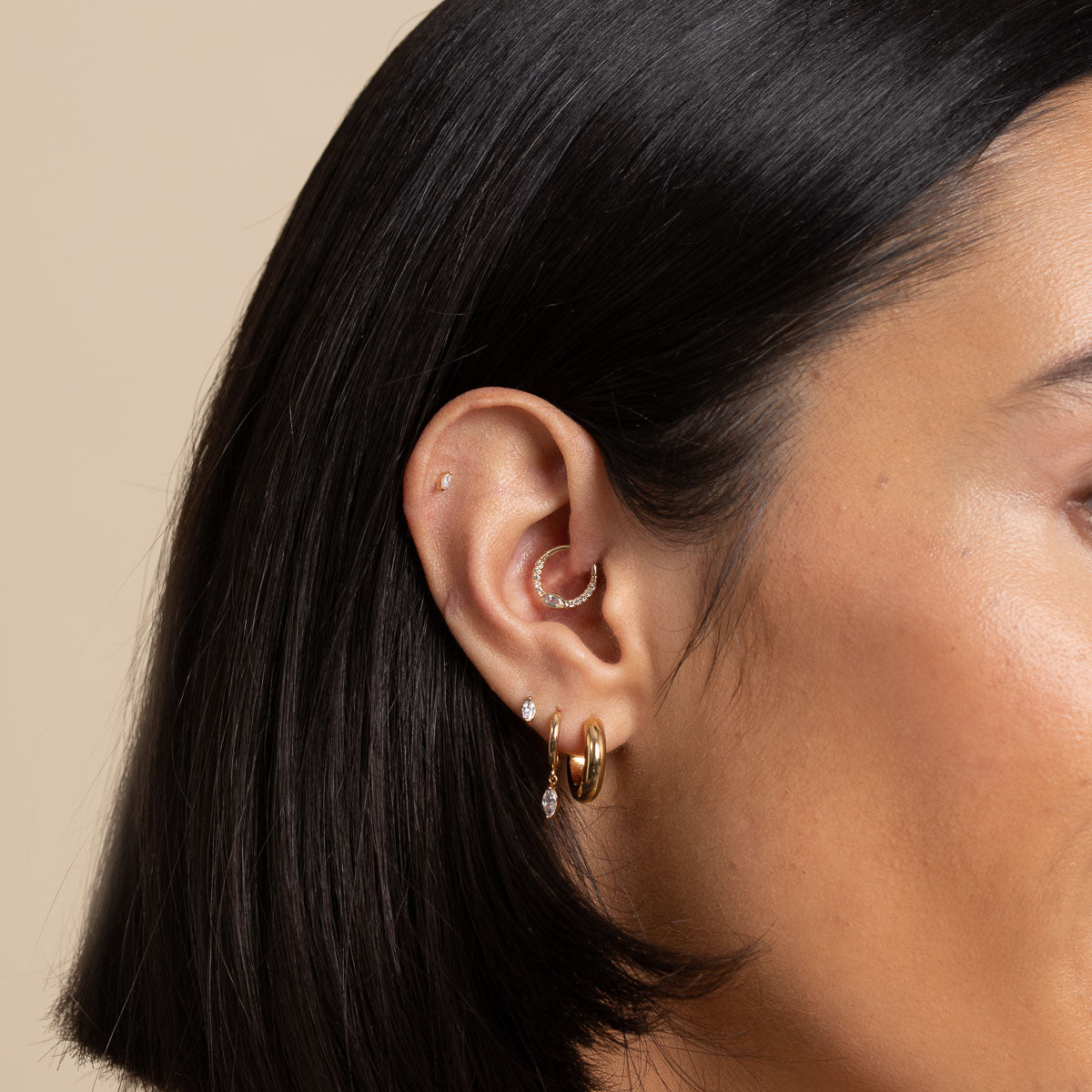 April White Topaz - Navette Topaz Daith Hoop in Solid Gold - Daith Piercing Hoop - Astrid & Miyu