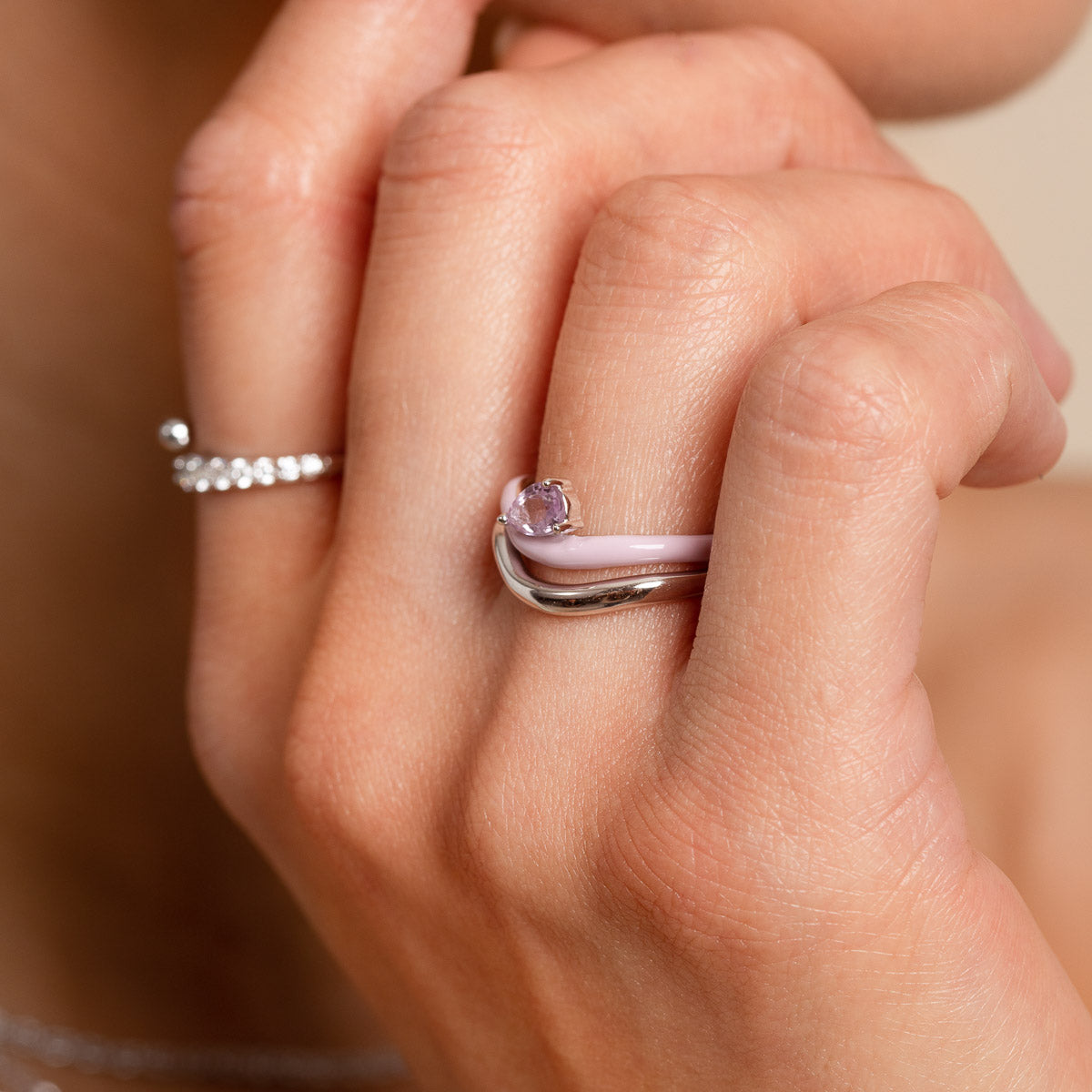 Enamel Jewellery - Amethyst Enamel Wave Ring in Silver - Stacking Ring - Astrid & Miyu