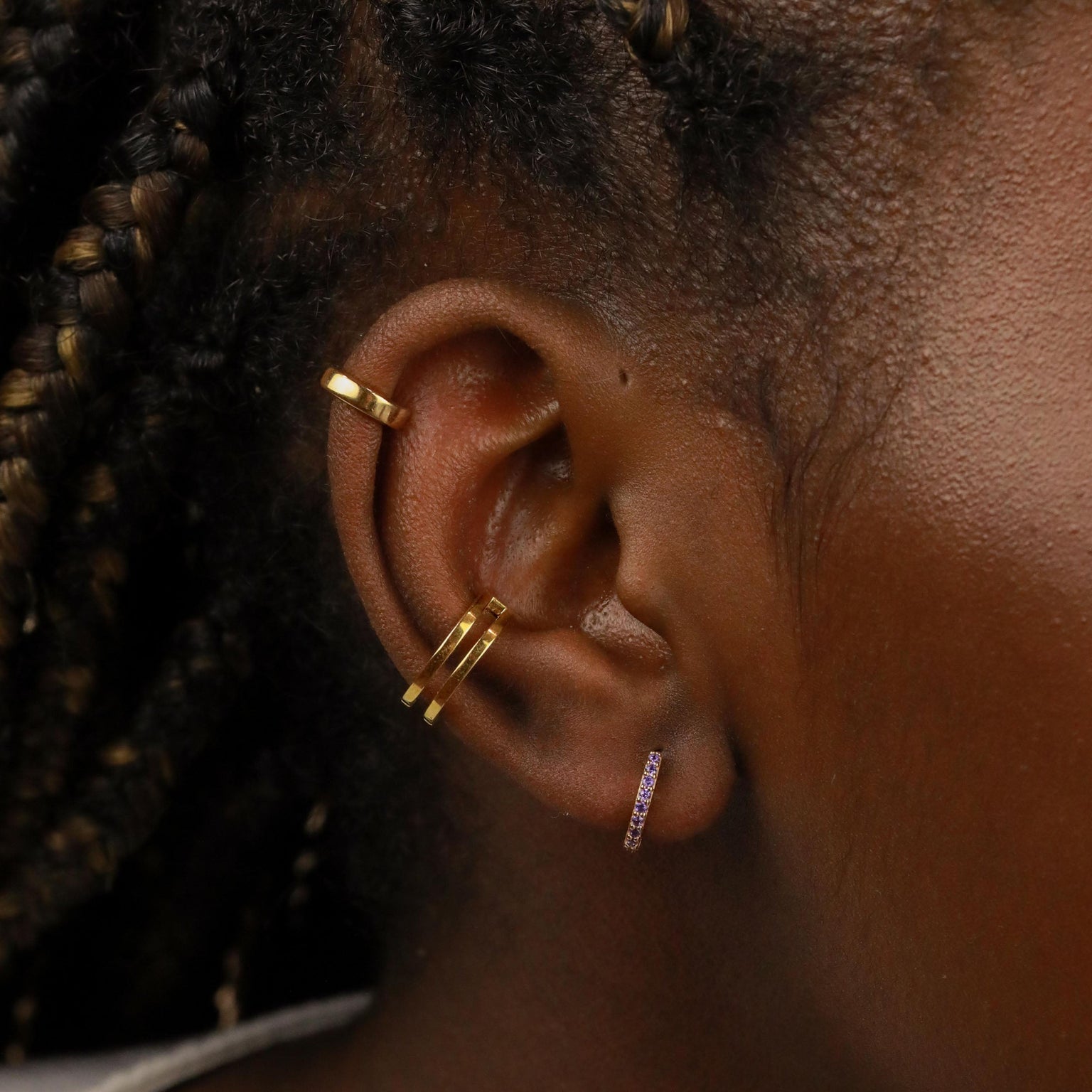 18k Gold Plated Jewellery - February Birthstone Huggies in Gold with Amethyst CZ - Huggies - Astrid & Miyu