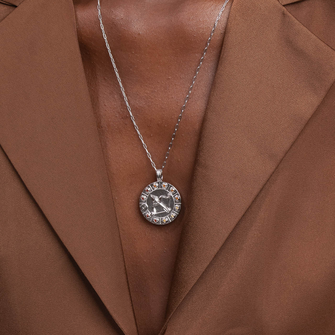 Sagittarius Bold Zodiac Pendant Necklace in Silver worn