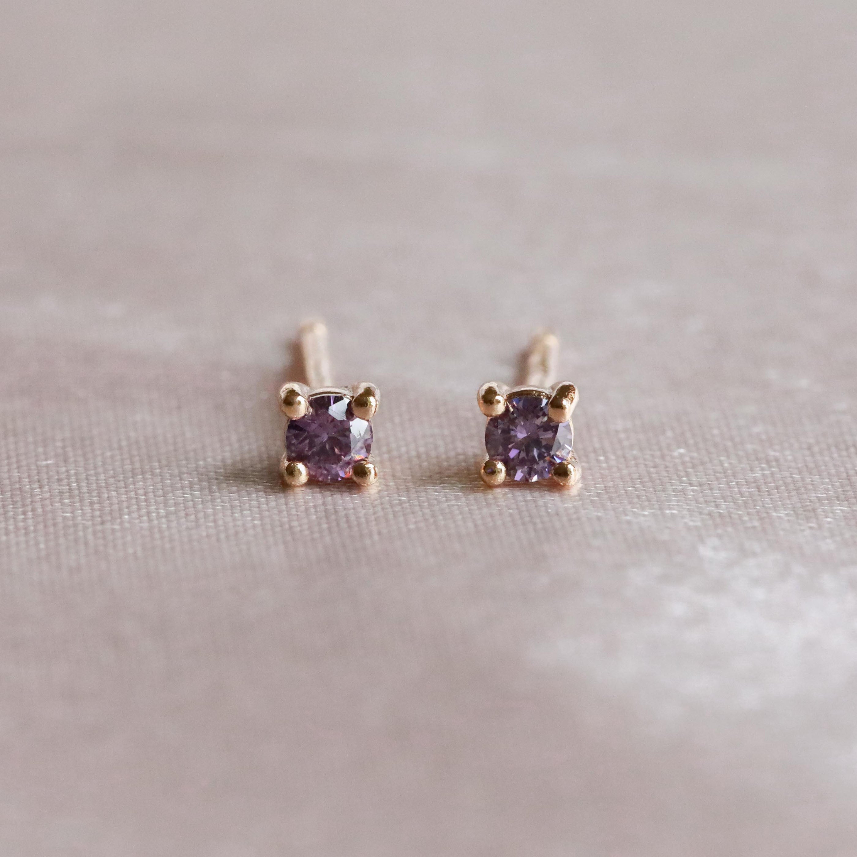 18k Gold Plated Jewellery - February Birthstone Stud Earrings in Gold with Amethyst CZ - Stud Earrings - Astrid & Miyu