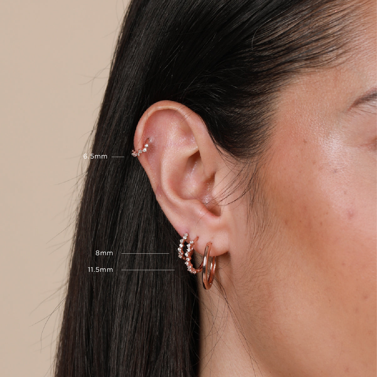 Cluster Hoop 6.5mm, 8mm & 11.5mm in Rose Gold worn