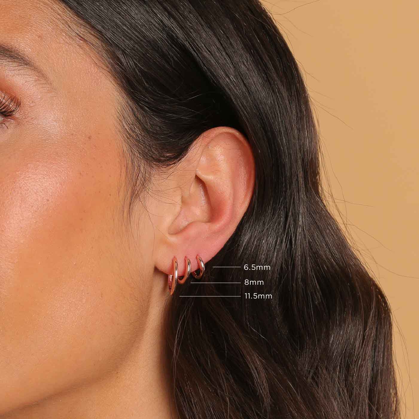 Essential 8mm Hoop in Rose Gold worn with all sizes