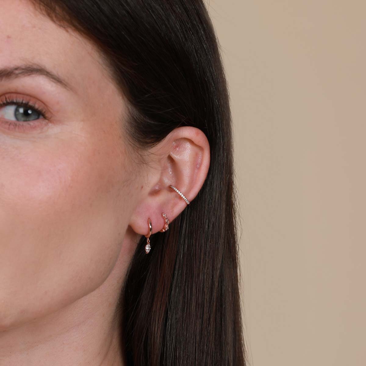 Worn shot of Jewelled Hoop 11.5mm in Rose Gold in conch piercing location