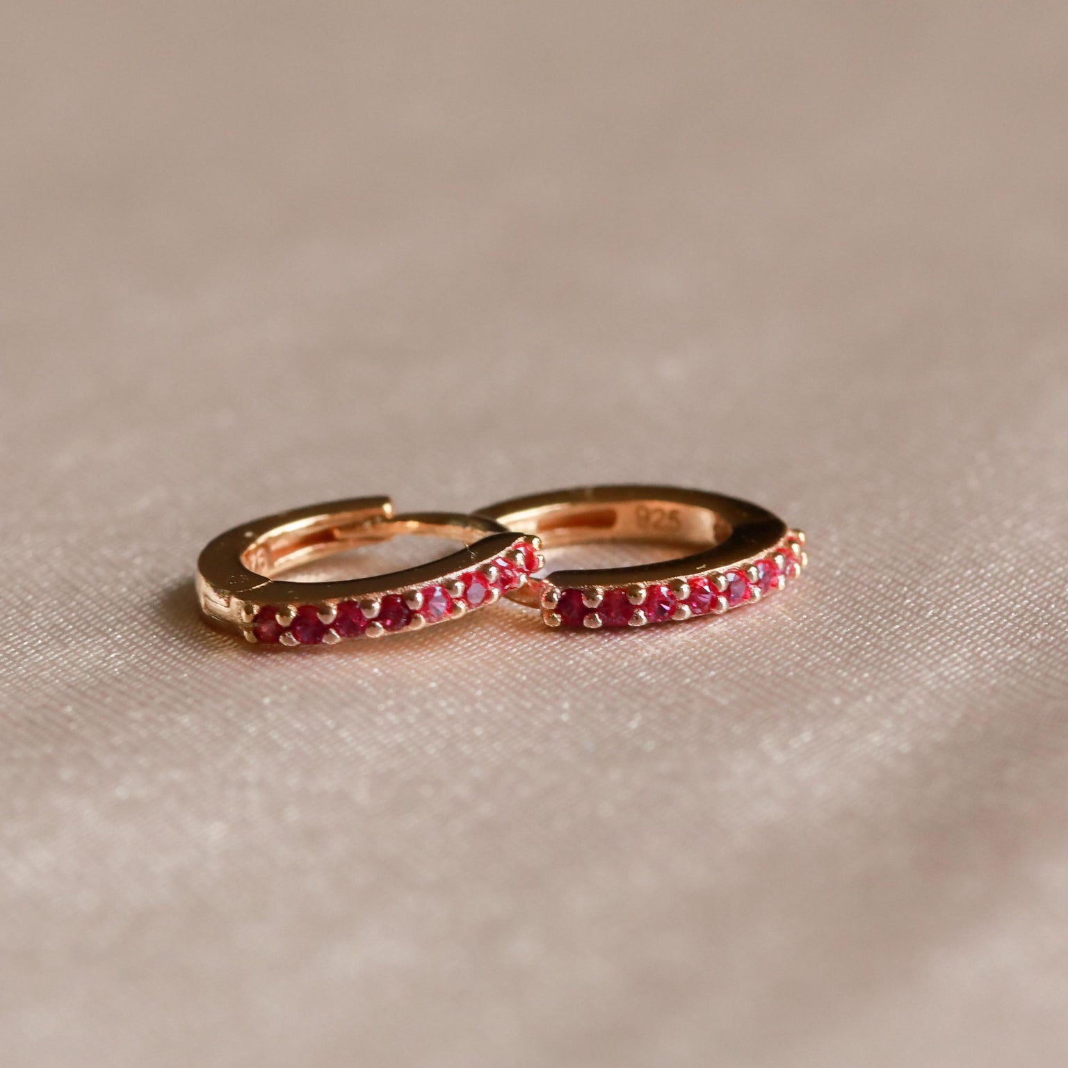18k Gold Plated Jewellery - July Birthstone Huggies in Gold with Ruby CZ - Huggies - Astrid & Miyu