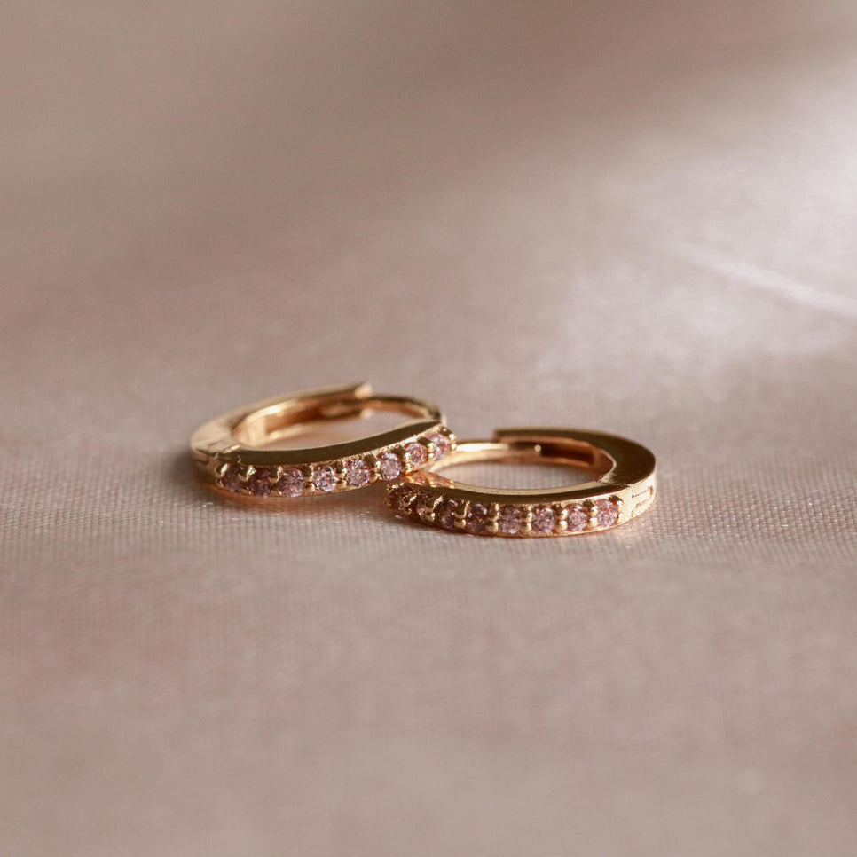 18k Gold Plated Jewellery - October Birthstone Huggies in Gold with Pink Tourmaline CZ - Huggies - Astrid & Miyu