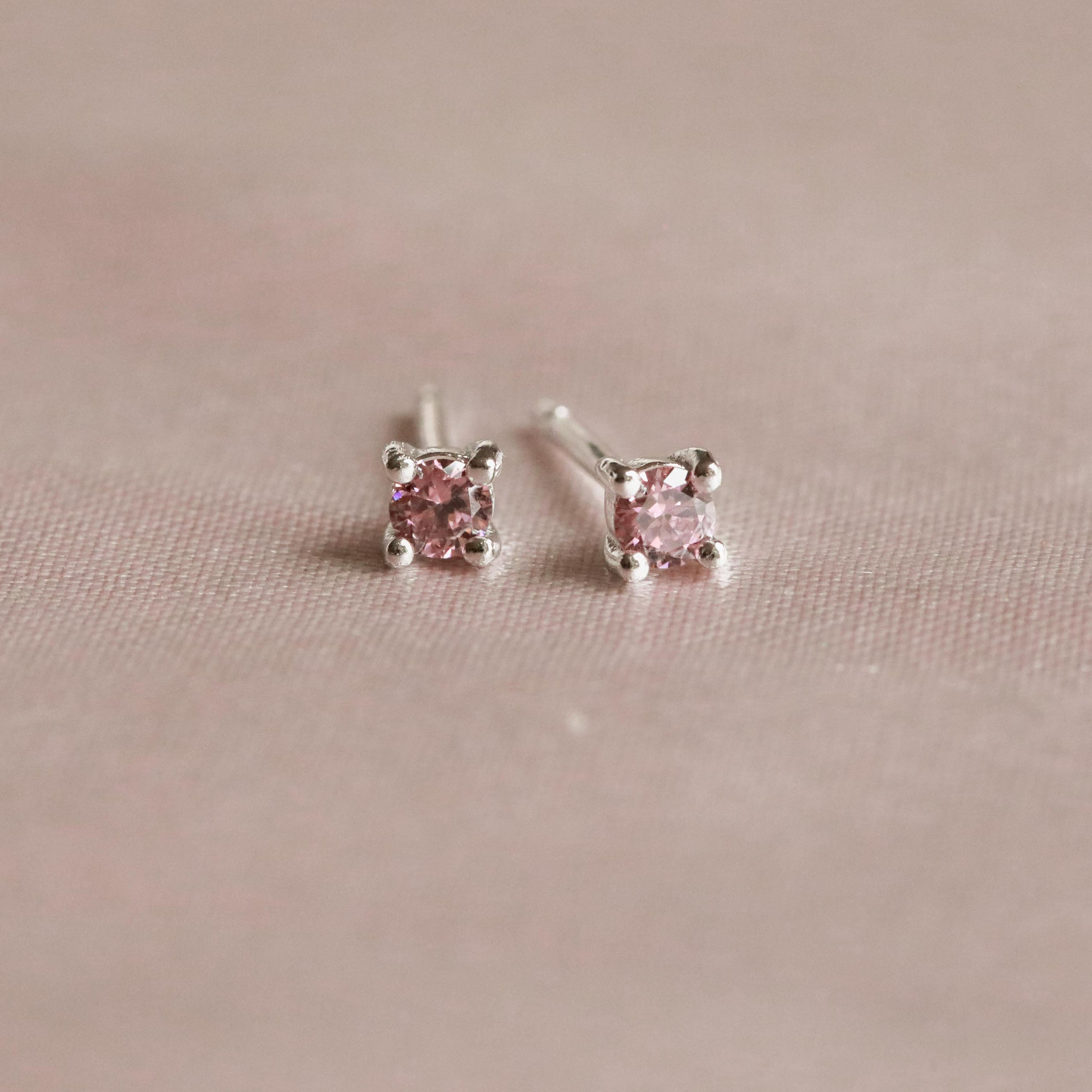 Birthstone Stud Earrings In Silver - October Birthstone Stud Earrings in Silver with Pink Tourmaline CZ - Stud Earrings - Astrid & Miyu