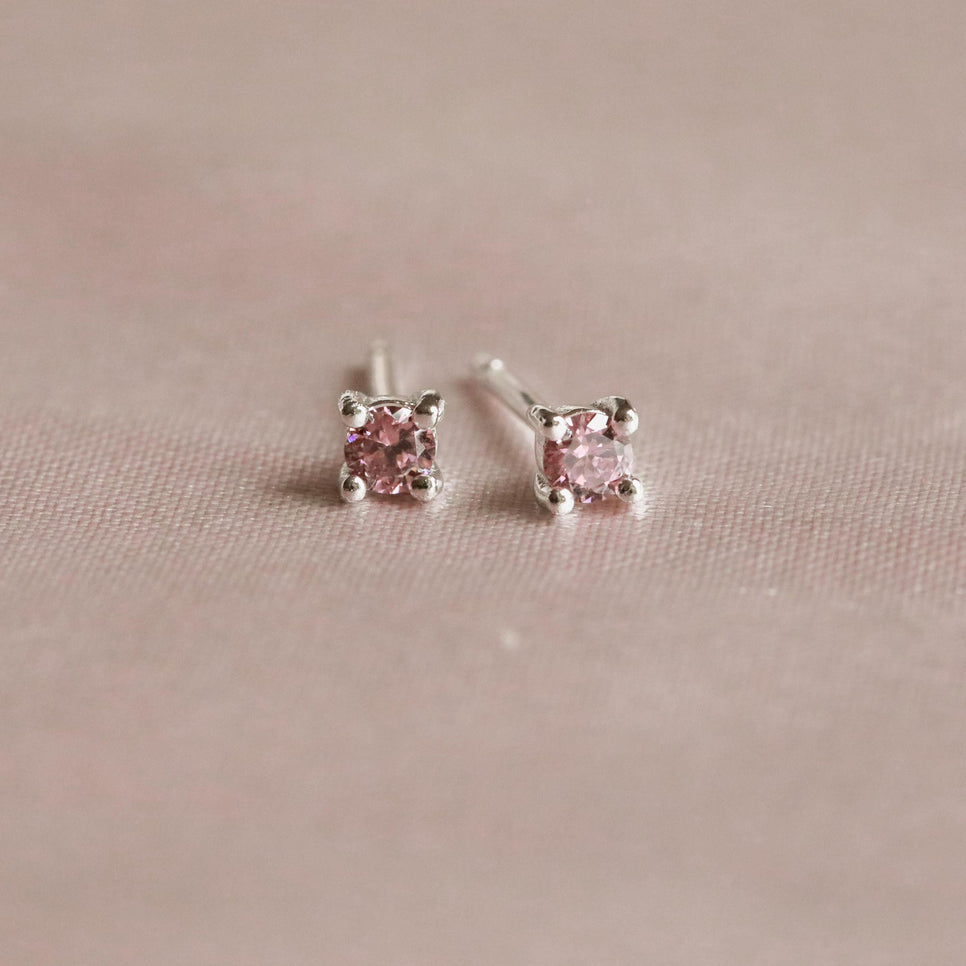 Birthstone Stud Earrings In Silver - October Birthstone Stud Earrings in Silver with Pink Tourmaline CZ - Stud Earrings - Astrid & Miyu