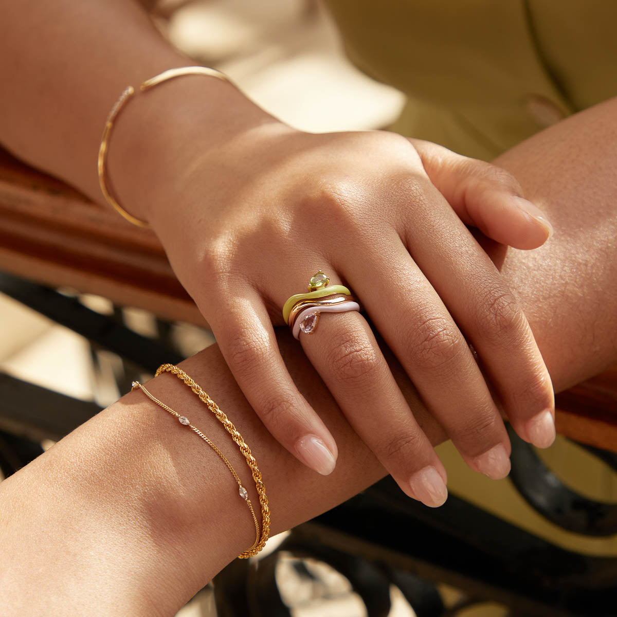 18k Gold Plated Jewellery - Olivine Enamel Wave Ring in Gold - Rings - Astrid & Miyu