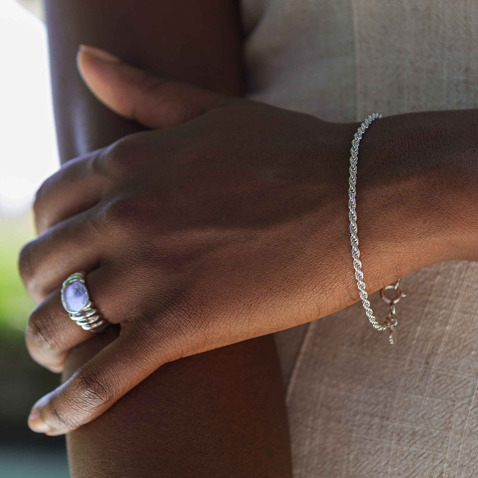Rope Chain Bracelet in Silver worn with silver chunky ring