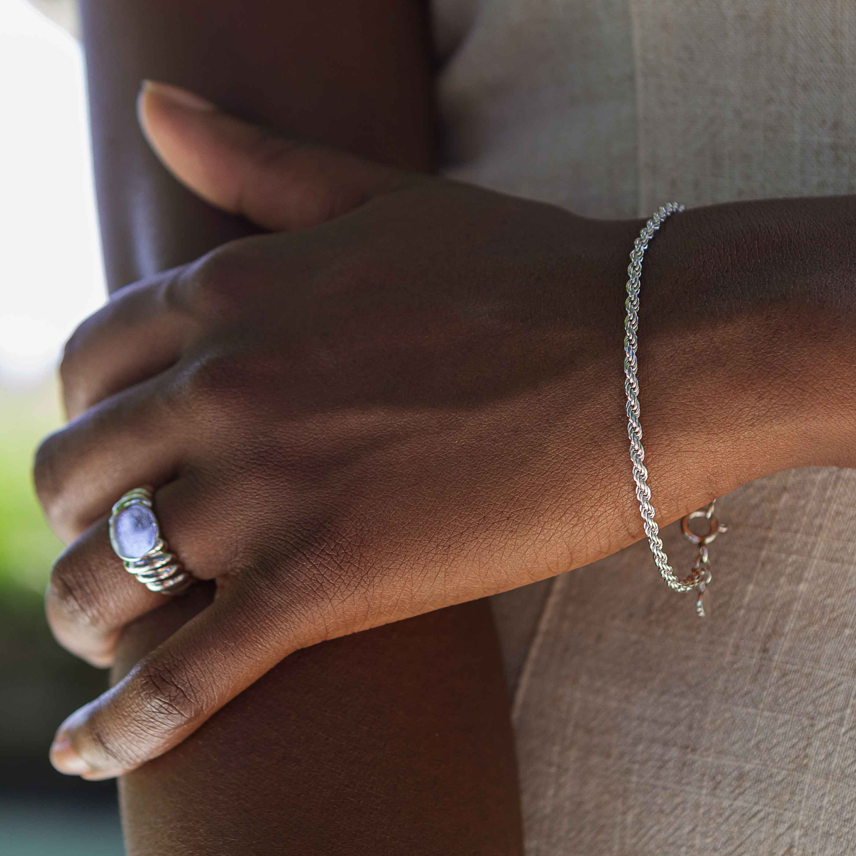 Rope Chain Bracelet in Silver worn with silver chunky ring