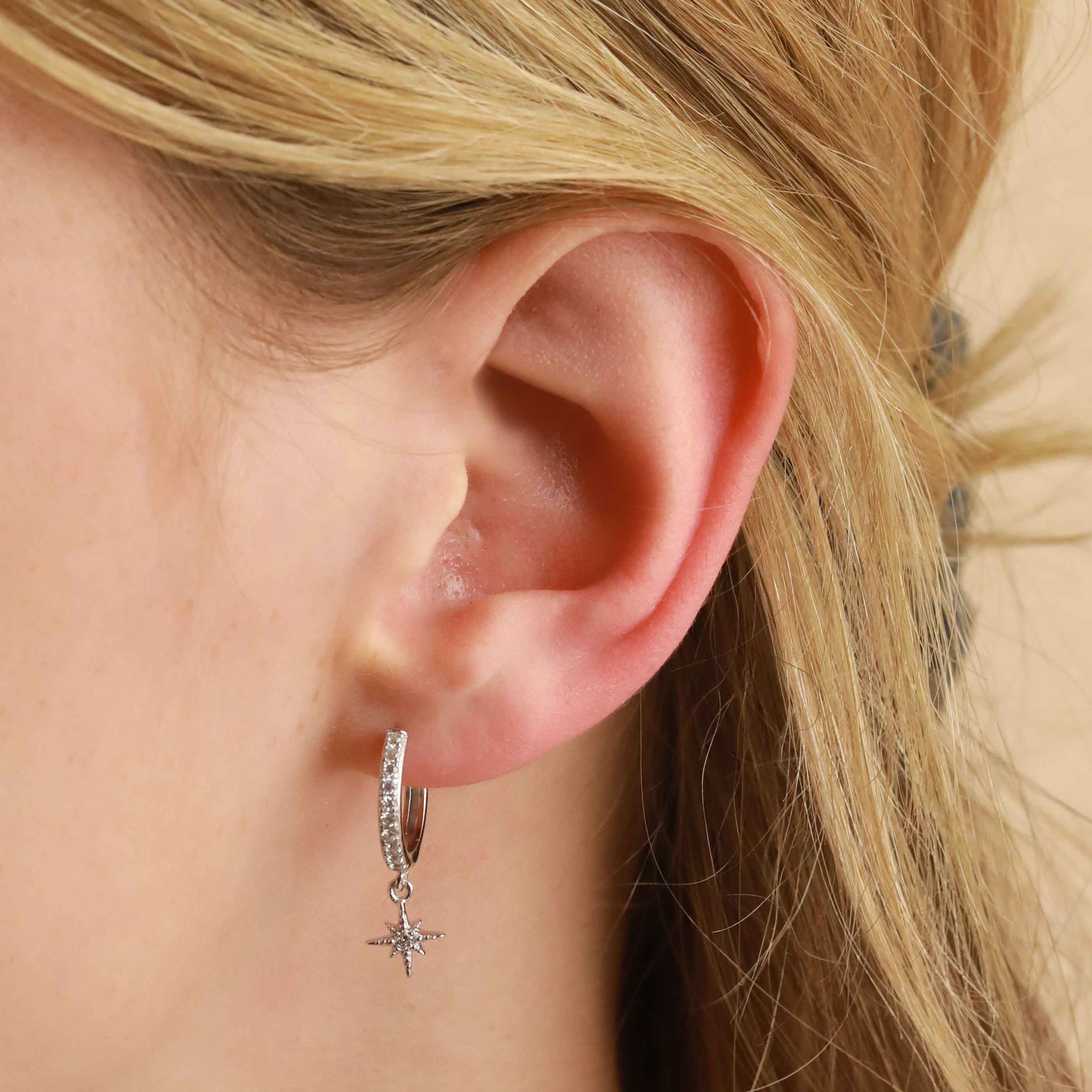 Crystal Star Hoops in Silver worn