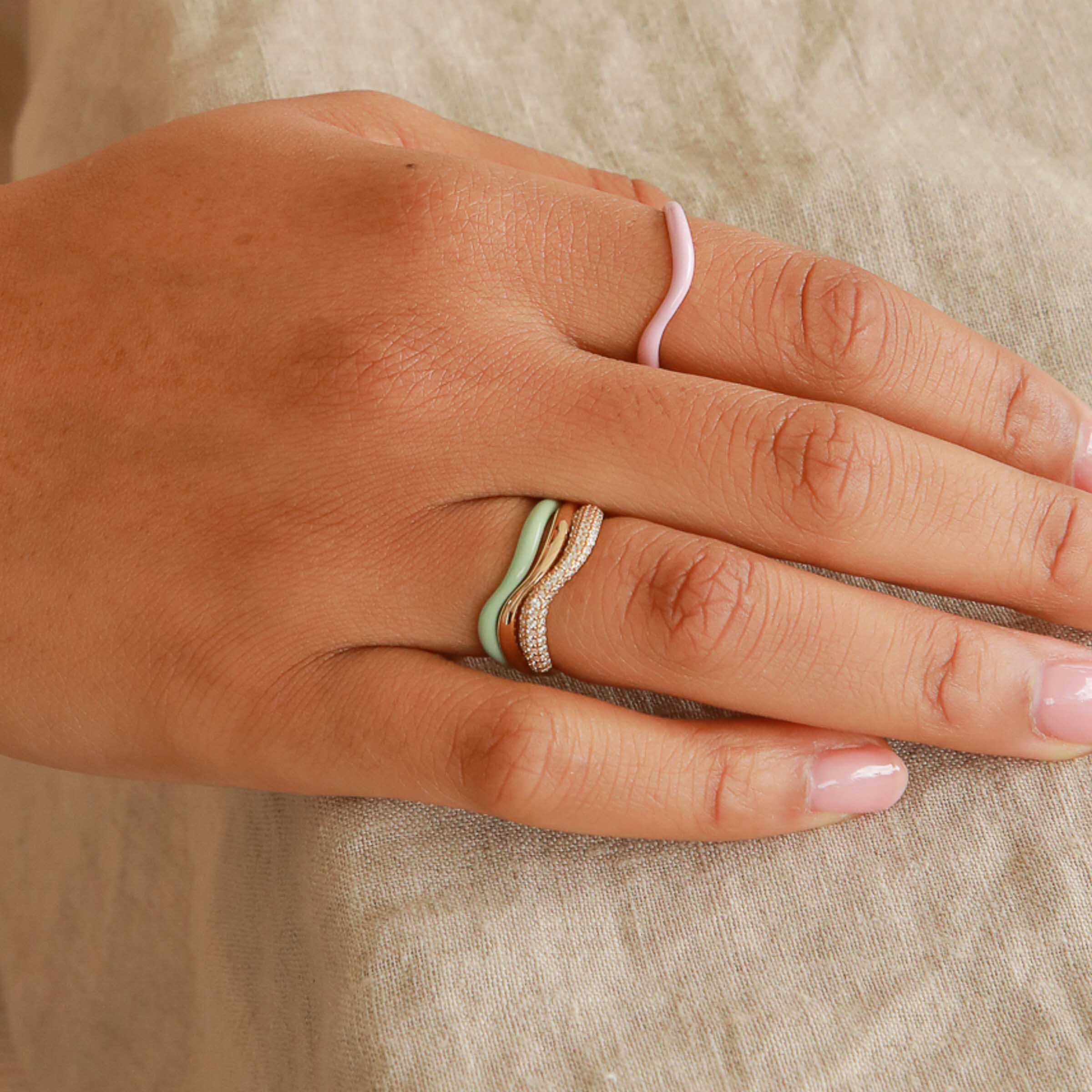 Wave Crystal Ring in Gold worn layered