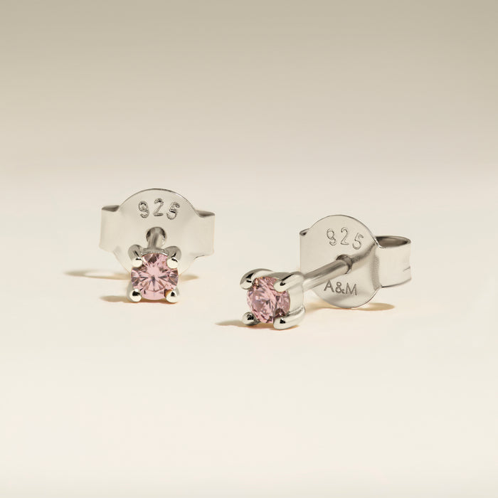 October Birthstone Stud Earrings in Silver with Pink Tourmaline CZ