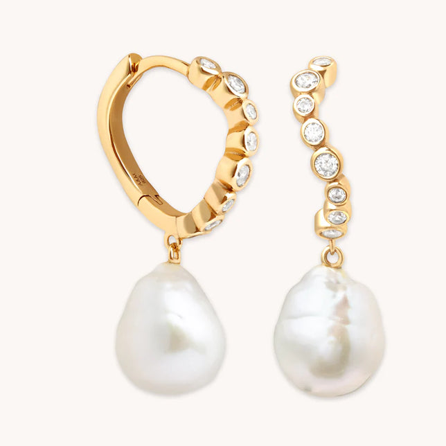 Pearl Charm Crystal Hoops in Gold