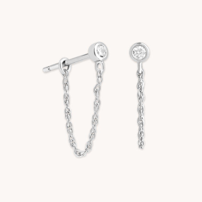 Bezel Chain Stud Earrings in Silver