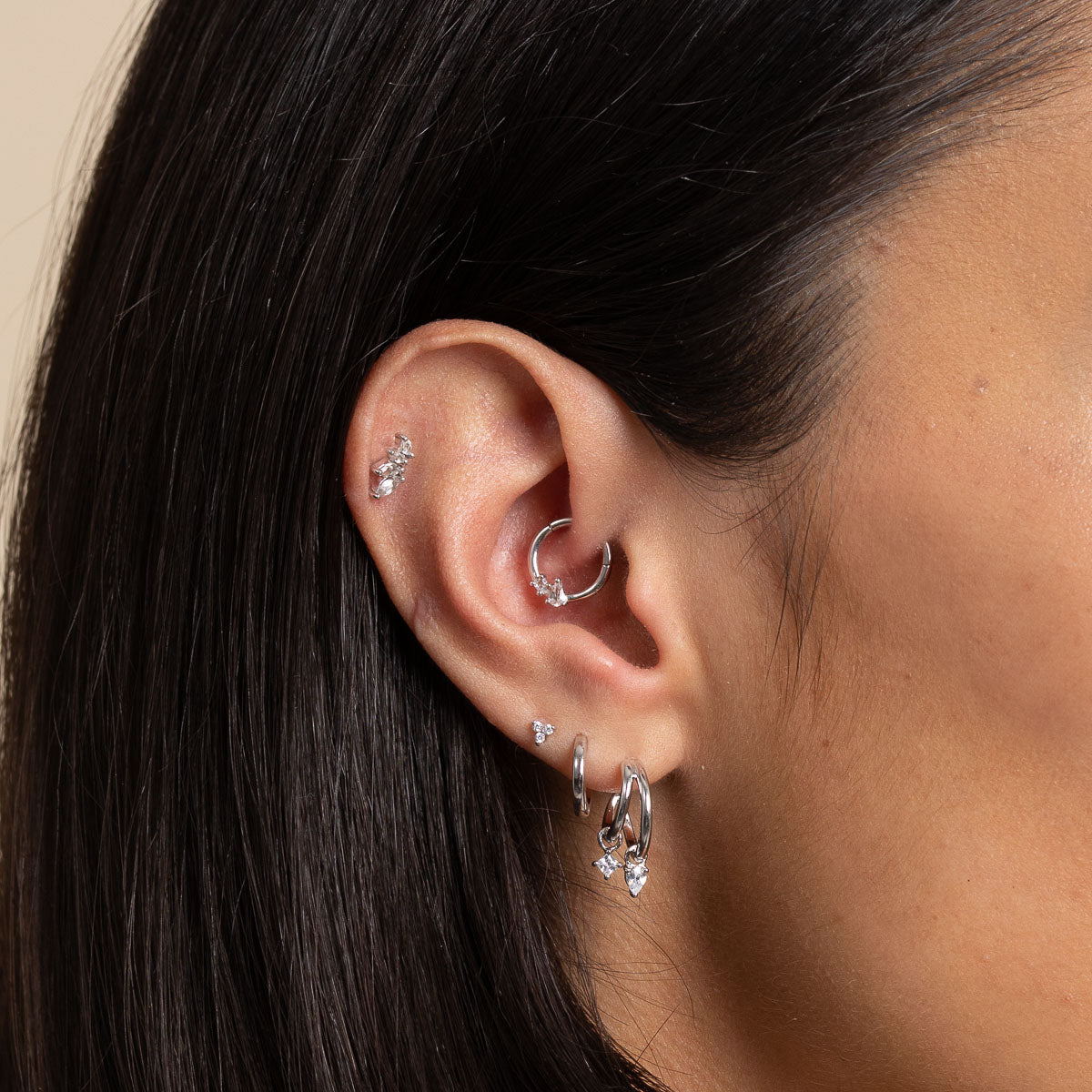 April White Topaz - Navette Topaz Fan Stud in Solid White Gold - Piercing Stud - Astrid &amp; Miyu