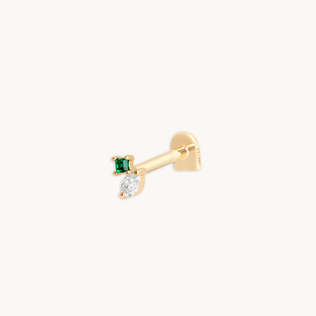 Diamond & Emerald Pear Piercing Stud in Solid Gold