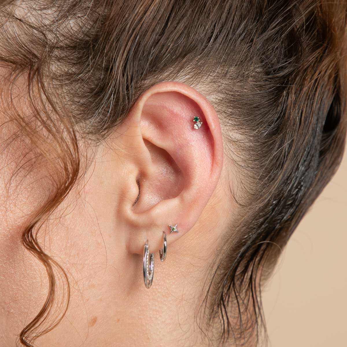 Flat Back Labret Studs - Diamond & Emerald Pear Piercing Stud in Solid White Gold - Piercing Stud - Astrid &amp; Miyu