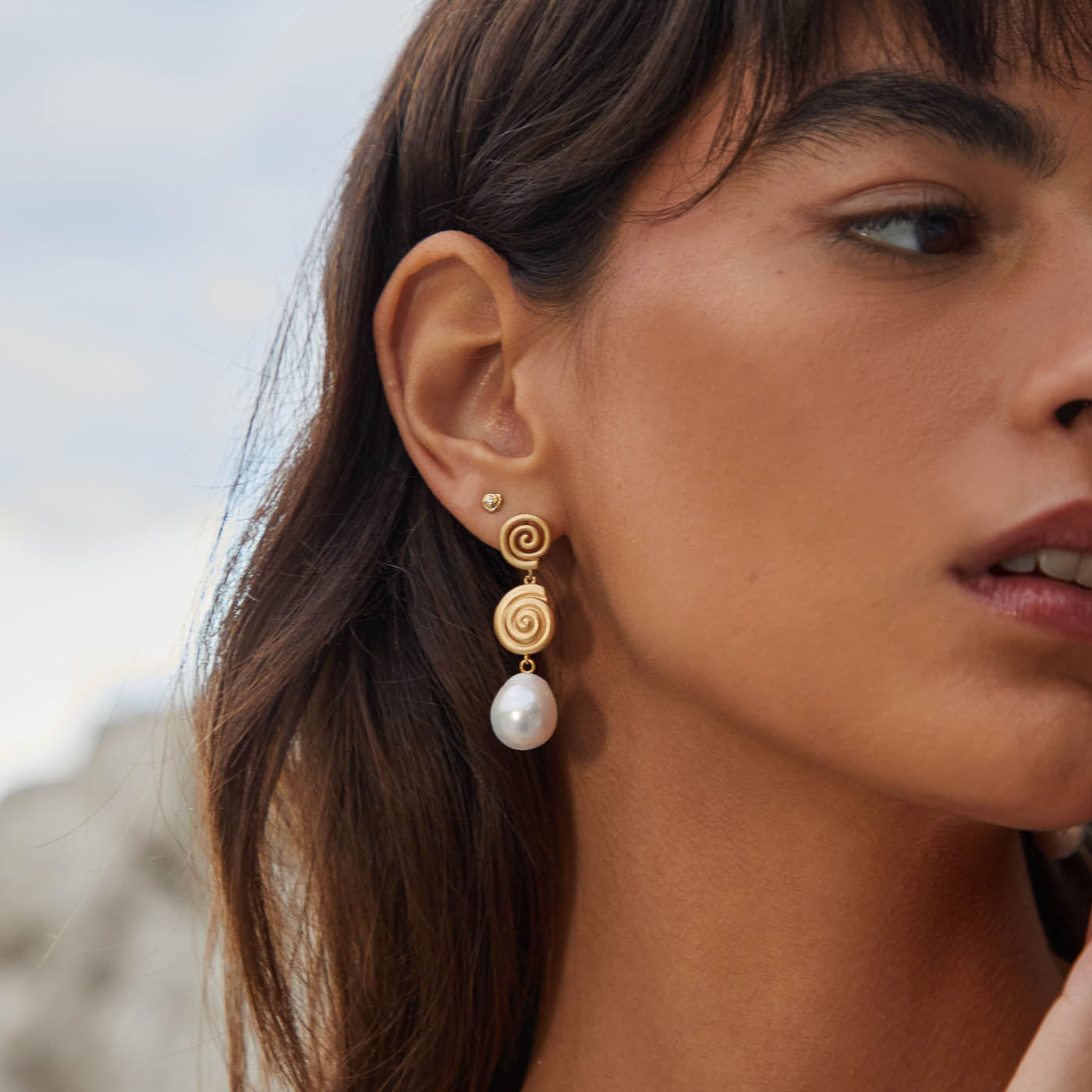 Pearl & Shell Drop Stud Earrings in Gold