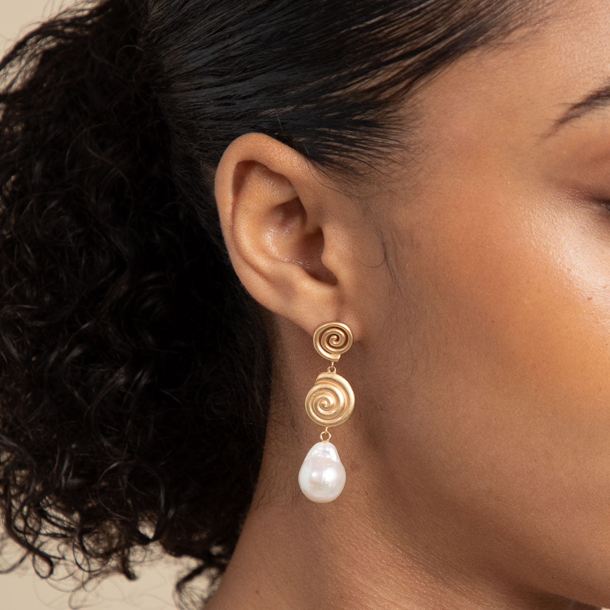 Pearl & Shell Drop Stud Earrings in Gold