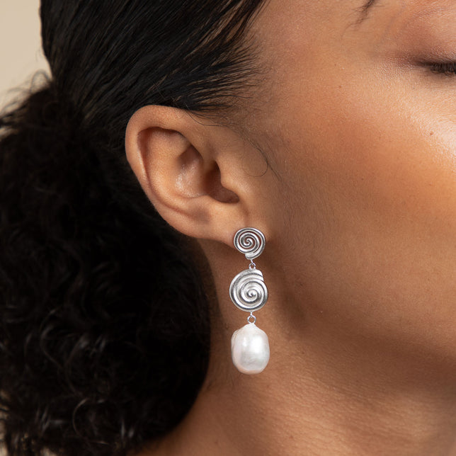 Pearl & Shell Drop Stud Earrings in Silver